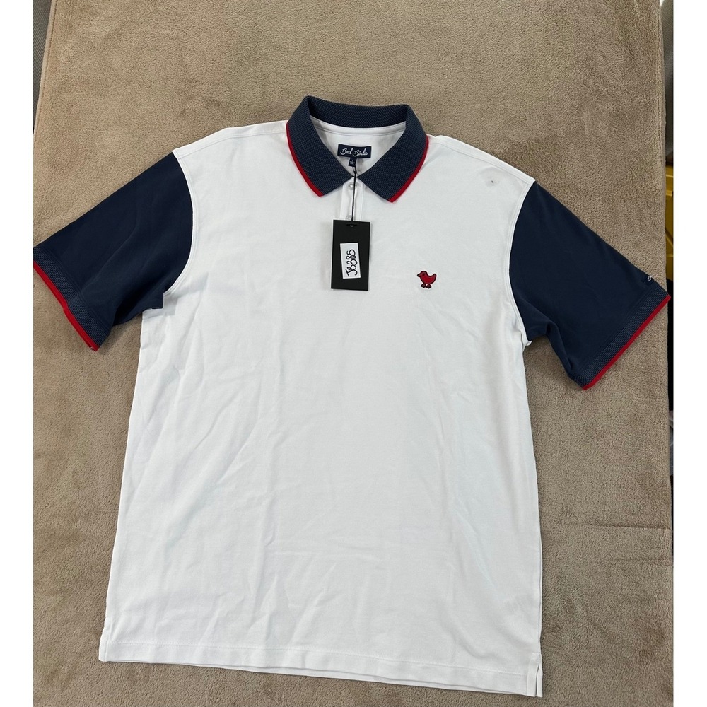 Bad Birdie Pique Polo Shirt Men L White Dark Navy Blue Golf Shirt NEW Imperfect